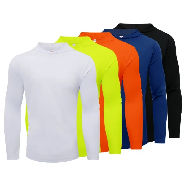 Men's five piece sports long sleeved T-shirt, hooded solid color breathable sports shirt, suitable for running and fitness