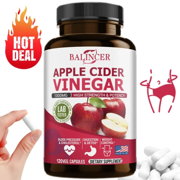 Apple Cider Vinegar Vegetarian Capsules - Healthy Diet, Digestion, Detoxification, Immune Health Supplement